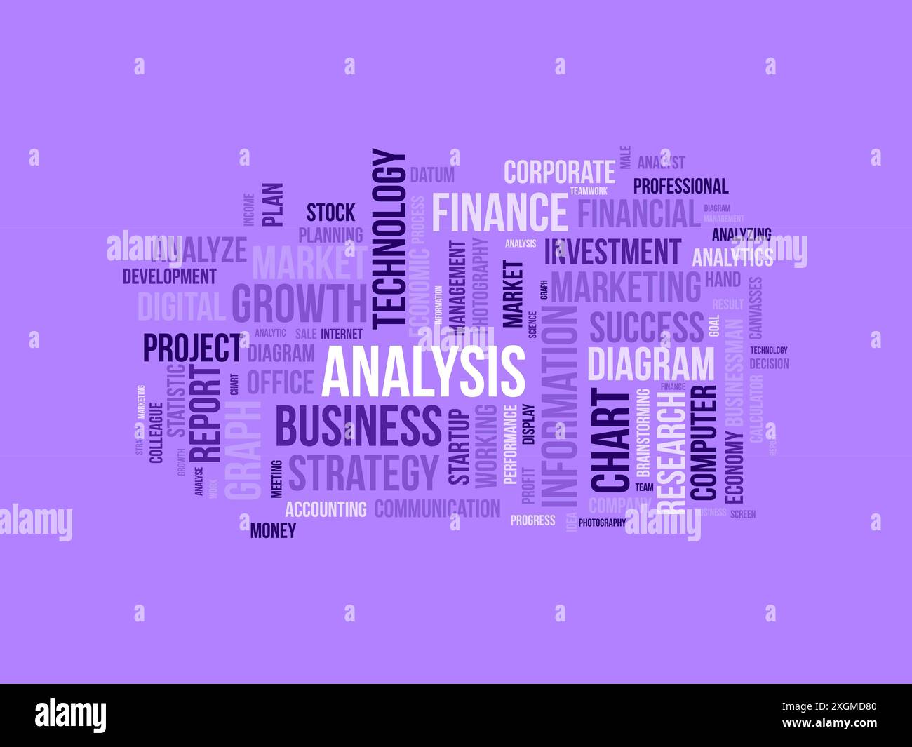 Analyse-Word-Cloud-Vorlage. Hintergrund für den Vektor des Geschäftskonzepts. Stock Vektor