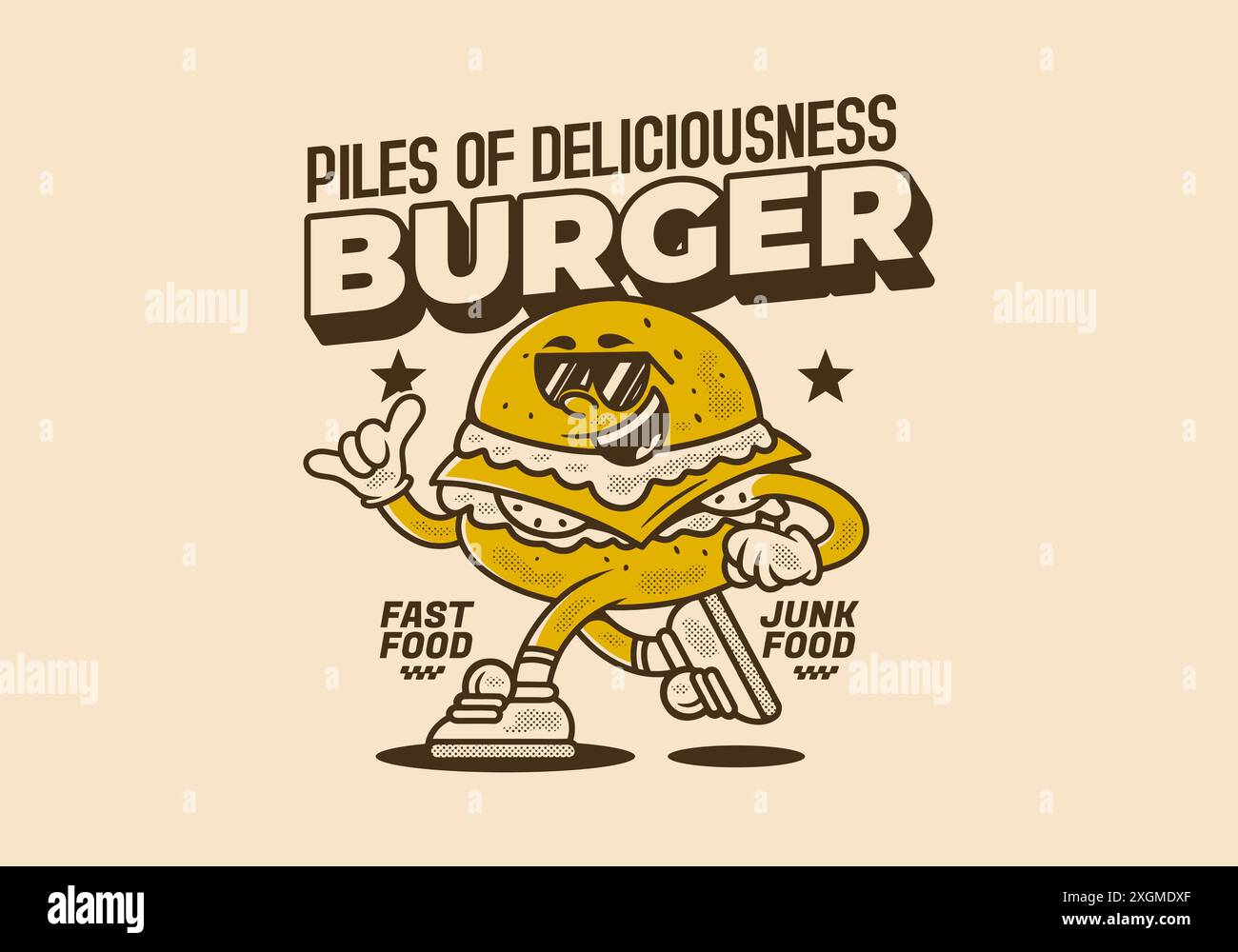 Burger, ein Haufen Köstlichkeiten. Vintage-Maskottchen-Figur-Illustration eines Burgers in laufender Pose Stock Vektor