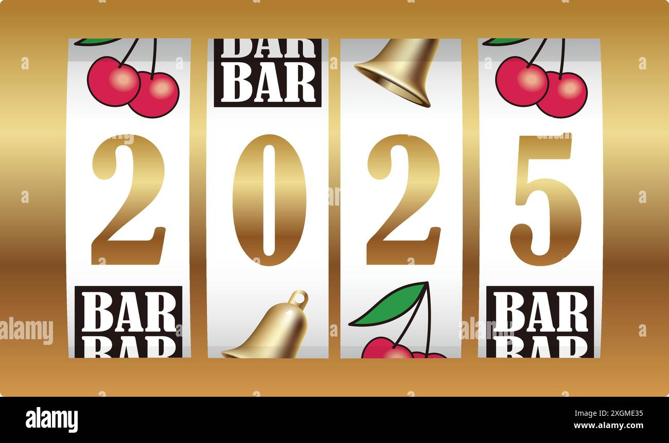Das Kalenderschild Für Das Jahr 2025 Auf Den Spielautomaten, Das Das Neue Jahr Feiert. Vektorillustration isoliert auf weißem Hintergrund. Stock Vektor