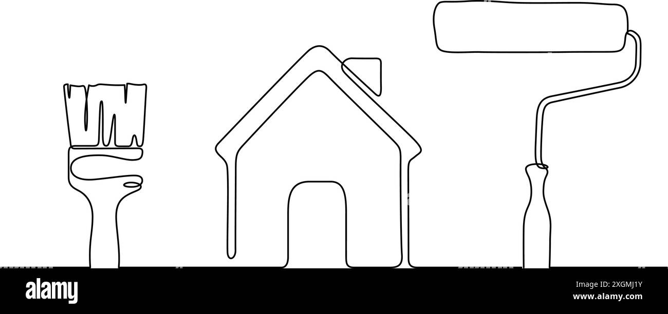 Arbeitswerkzeuge Maler Handwerker Draufsicht kontinuierliche Linienzeichnung Minimalismus Hintergrund. Pinsel, Malerwalze und Haussymbol Stock Vektor