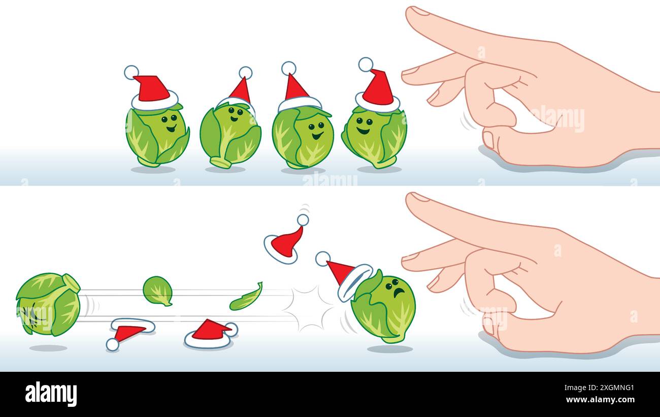 Vor und nach der Aktion einer Gruppe glücklicher grüner Rosenkohl, die Santa Hats tragen und von einem Finger geschnickt werden Stock Vektor