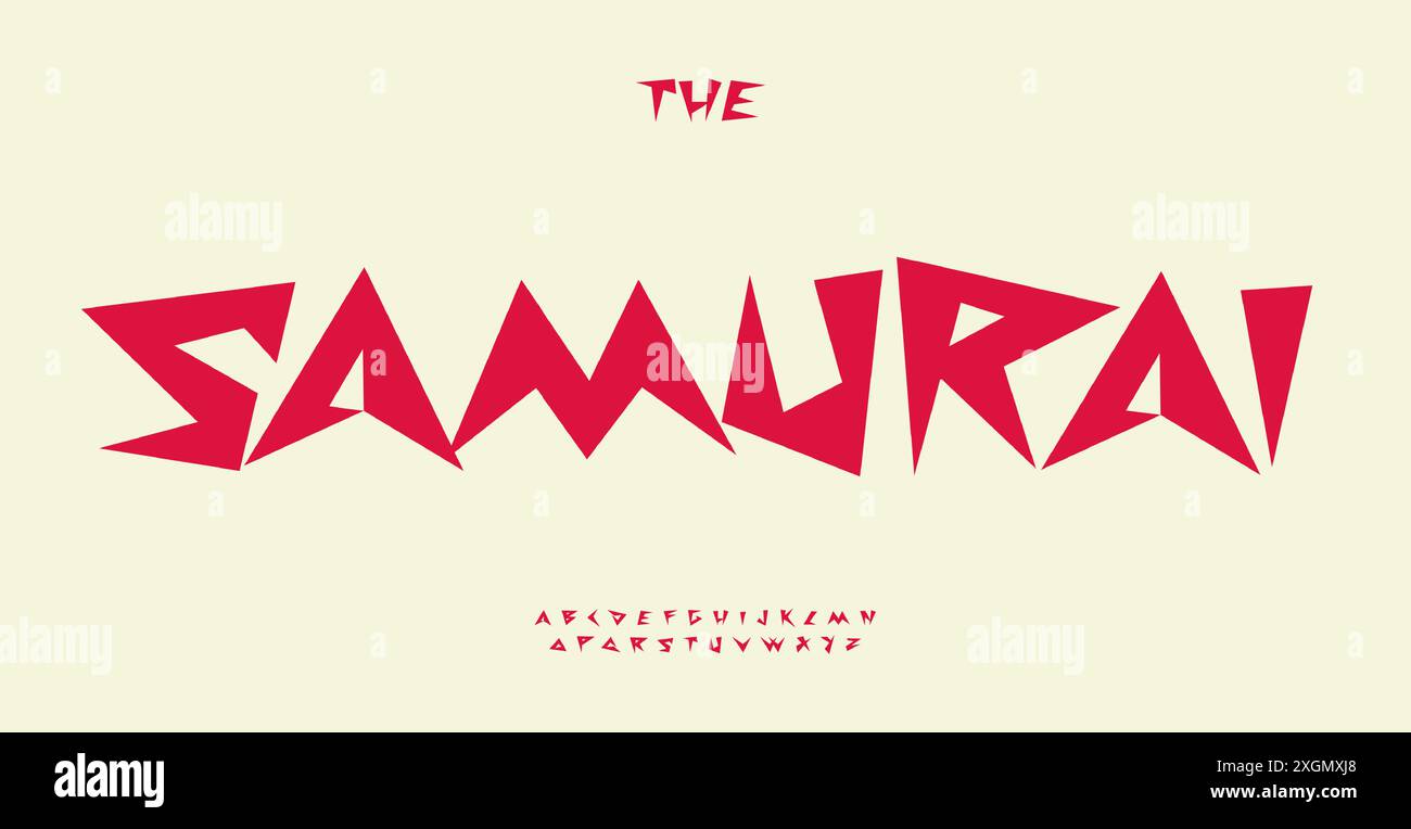 Samurai-Alphabet asiatische kalligraphische Buchstaben, rote, kräftige, gezackte Schriftart für Manga- und Anime-Überschriften, japanisches Restaurant-Logo, orientalisch Stock Vektor