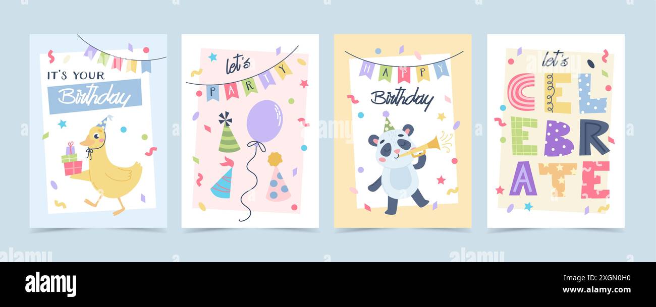 Niedliches Grußkartenset für Kinder. Geburtstagstiere mit Kuchen, Partyhüten und Ballons. Vorlage für Vektorabbildungen Stock Vektor