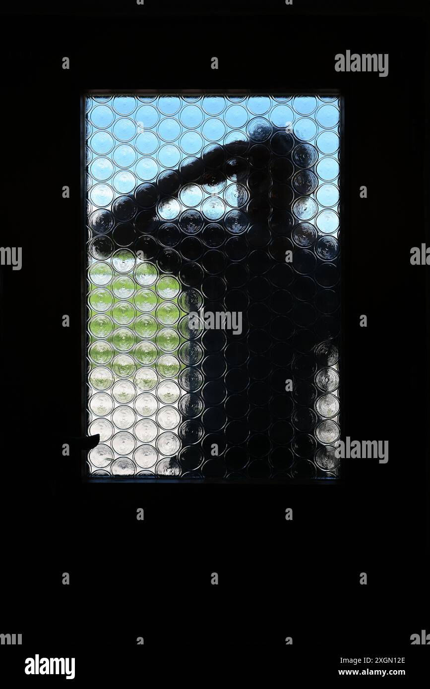 Eine dunkle Figur schaut durch die opake Glasscheibe eines Hauseingangs, die Haustür Stockfoto