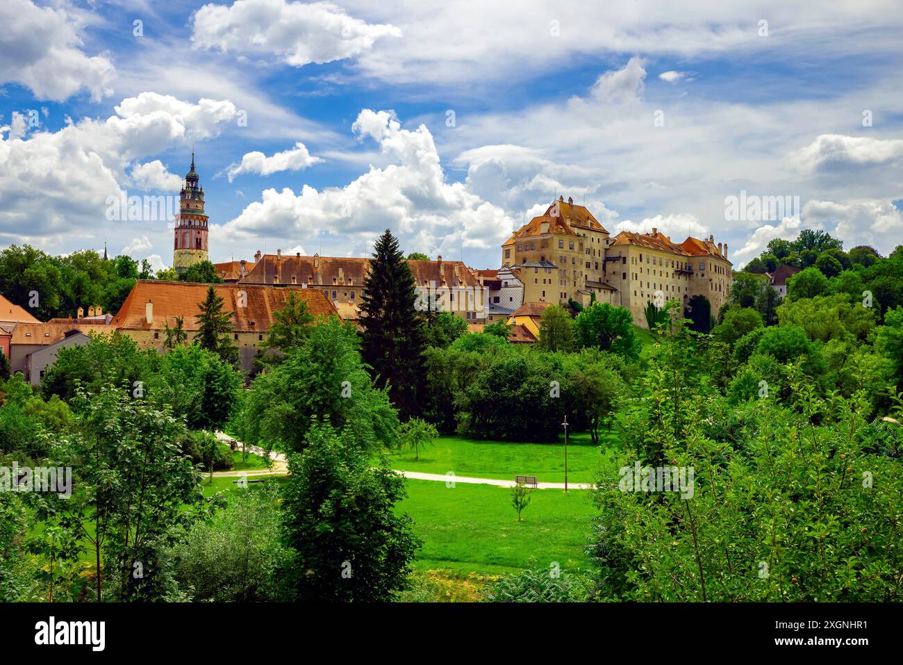 Český Krumlov ist eine Stadt in der südböhmischen Region der Tschechischen Republik. Stockfoto