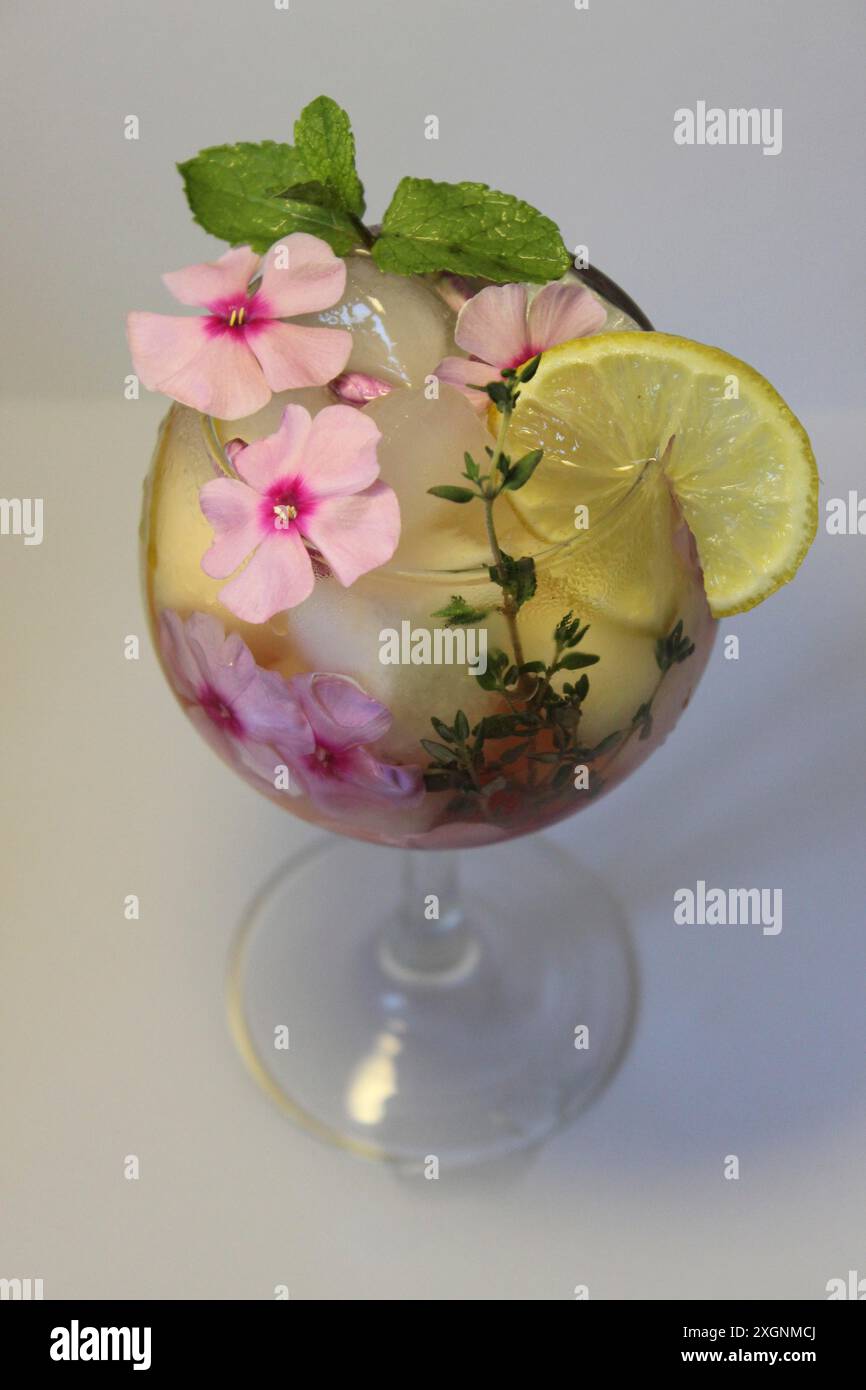 Ein wunderschön garnierter Cocktail in einem Glas mit rosa Blüten, einer Zitronenscheibe, Minzblättern und Eiswürfeln Stockfoto