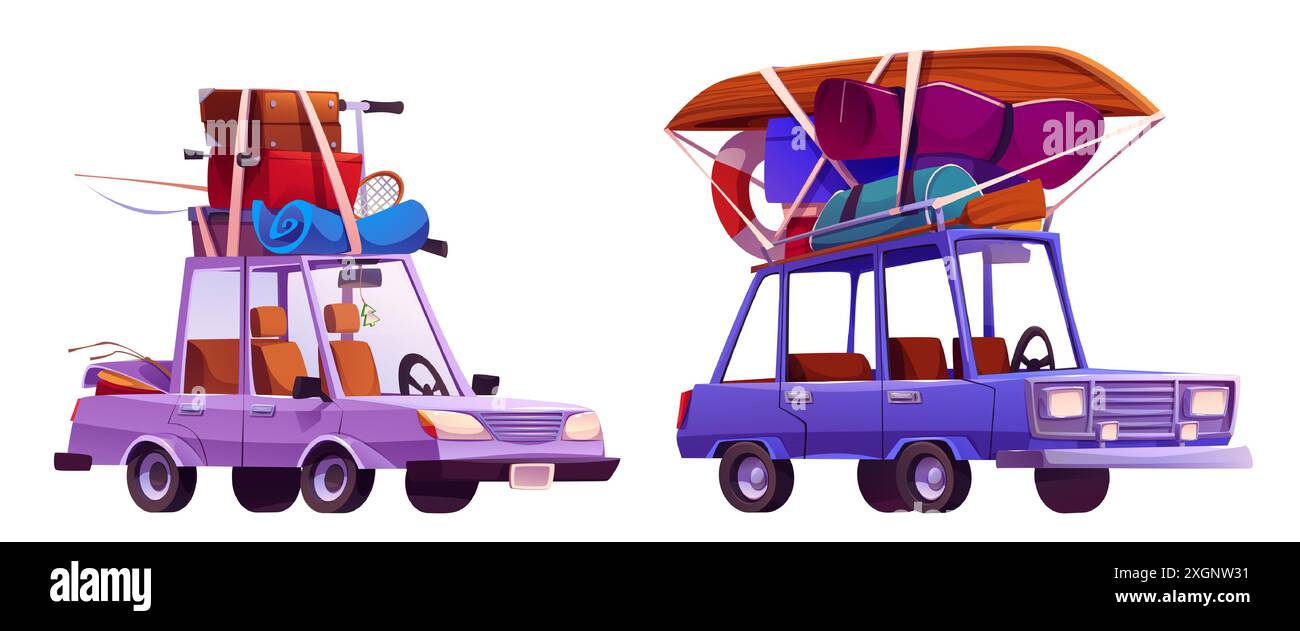 Auto mit Gepäck auf dem Dach für Familienurlaub. Zeichentrickvektor-Illustration Satz des netten Autos mit Koffern und Boot, Sportinventar und Angelrute für Sommerurlaub Reise auf der Straße. Stock Vektor