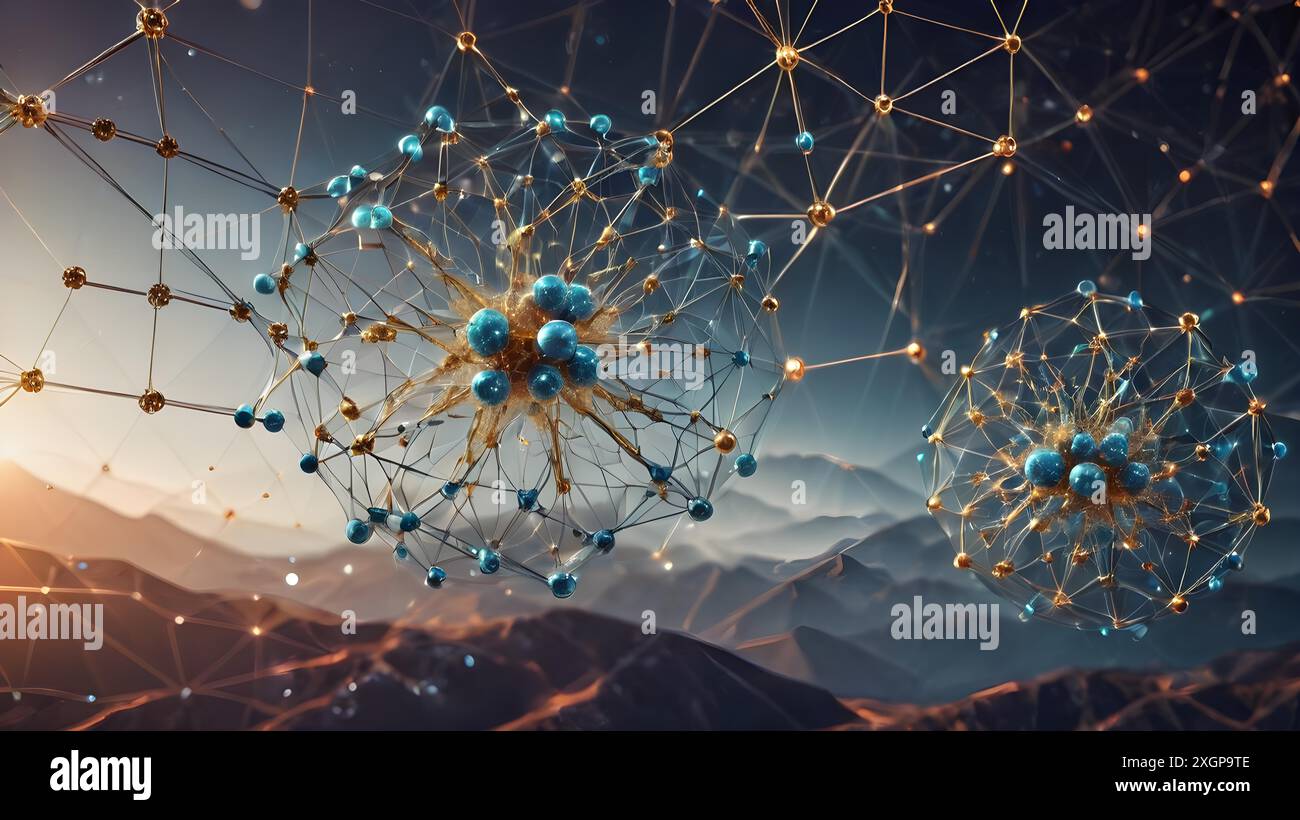 Wissenschaftskonzept: Atome mit chemischen Bindungen. Molekulare DNA-Struktur. Chemische Bindungen der Netzwerkstruktur. KI-generiertes Bild, AI Stockfoto