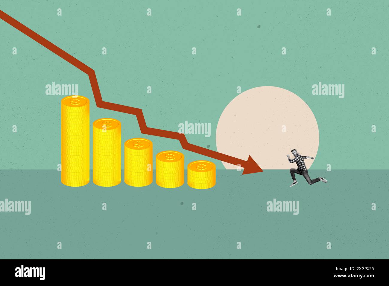 Kreative Imagecollage junger Mann laufen goldene Münzen Stapel fallende Pfeildiagramme Inflation Wirtschaft Krise Abwertung Geldverlust laufender Mann Stockfoto