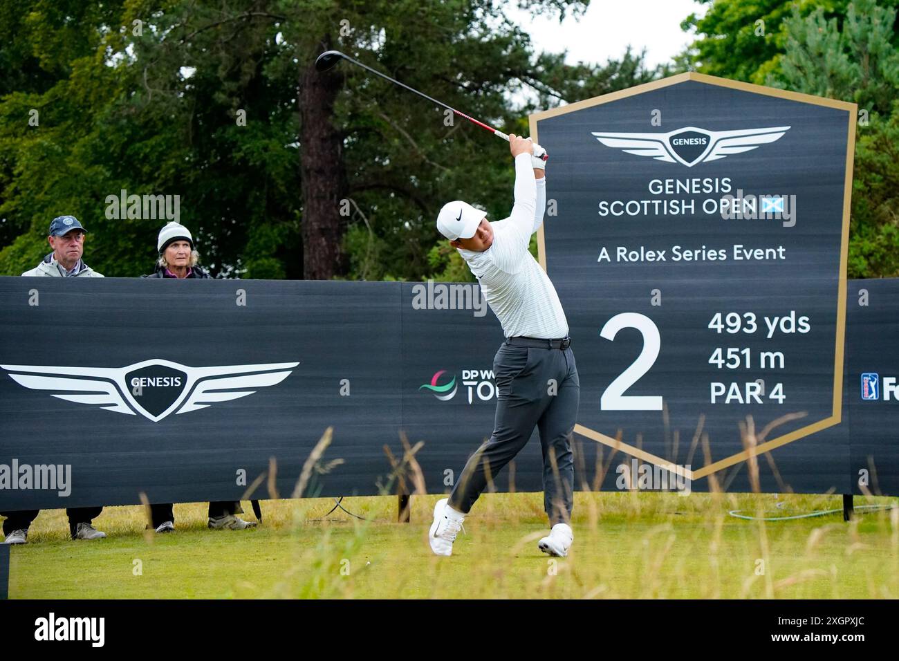 Gullane, Schottland, Großbritannien. Juli 2024. Pro am Übungstag bei den Genesis Scottish Open, der vom Donnerstag, 11. Juli bis 14. Juli auf dem Renaissance-Kurs vor Gullane in East Lothian beginnt. Tom Kim hat auf das 2. Loch geschossen. . Iain Masterton/Alamy Live News Stockfoto