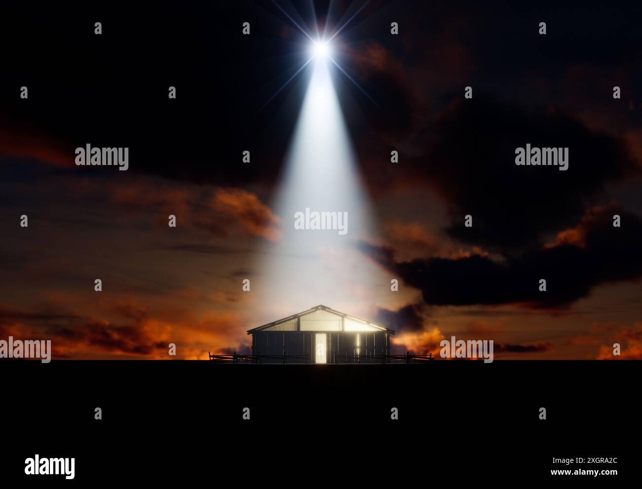 Eine Darstellung der Krippe Christi Geburt in Bethlehem mit dem isolierten Stall durch einen hellen Stern - 3D-Render lit Stockfoto