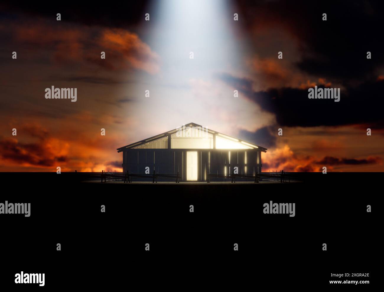 Eine Darstellung der Krippe Christi Geburt in Bethlehem mit dem isolierten Stall durch einen hellen Stern - 3D-Render lit Stockfoto