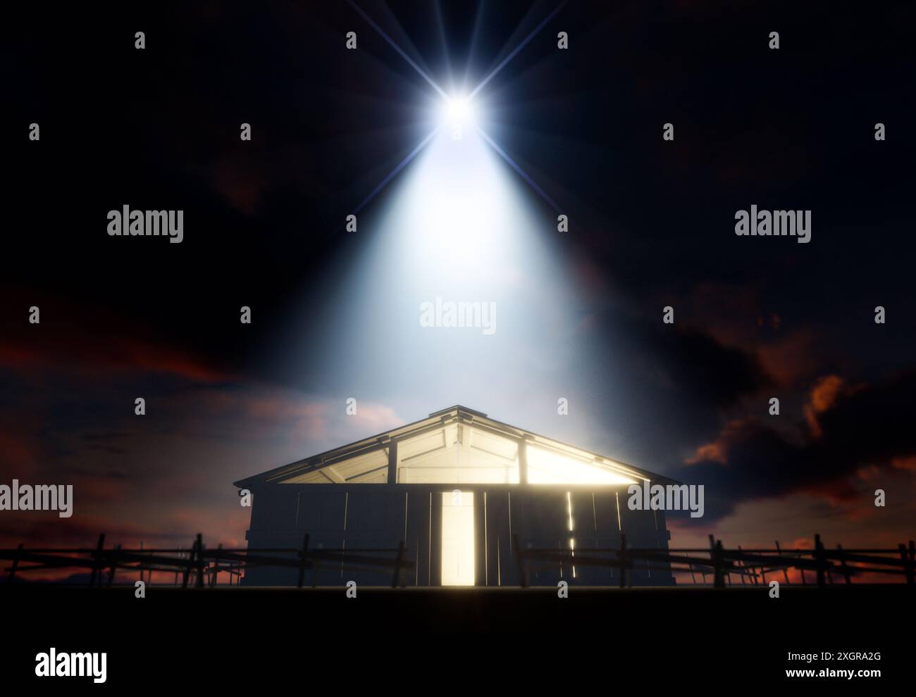 Eine Darstellung der Krippe Christi Geburt in Bethlehem mit dem isolierten Stall durch einen hellen Stern - 3D-Render lit Stockfoto