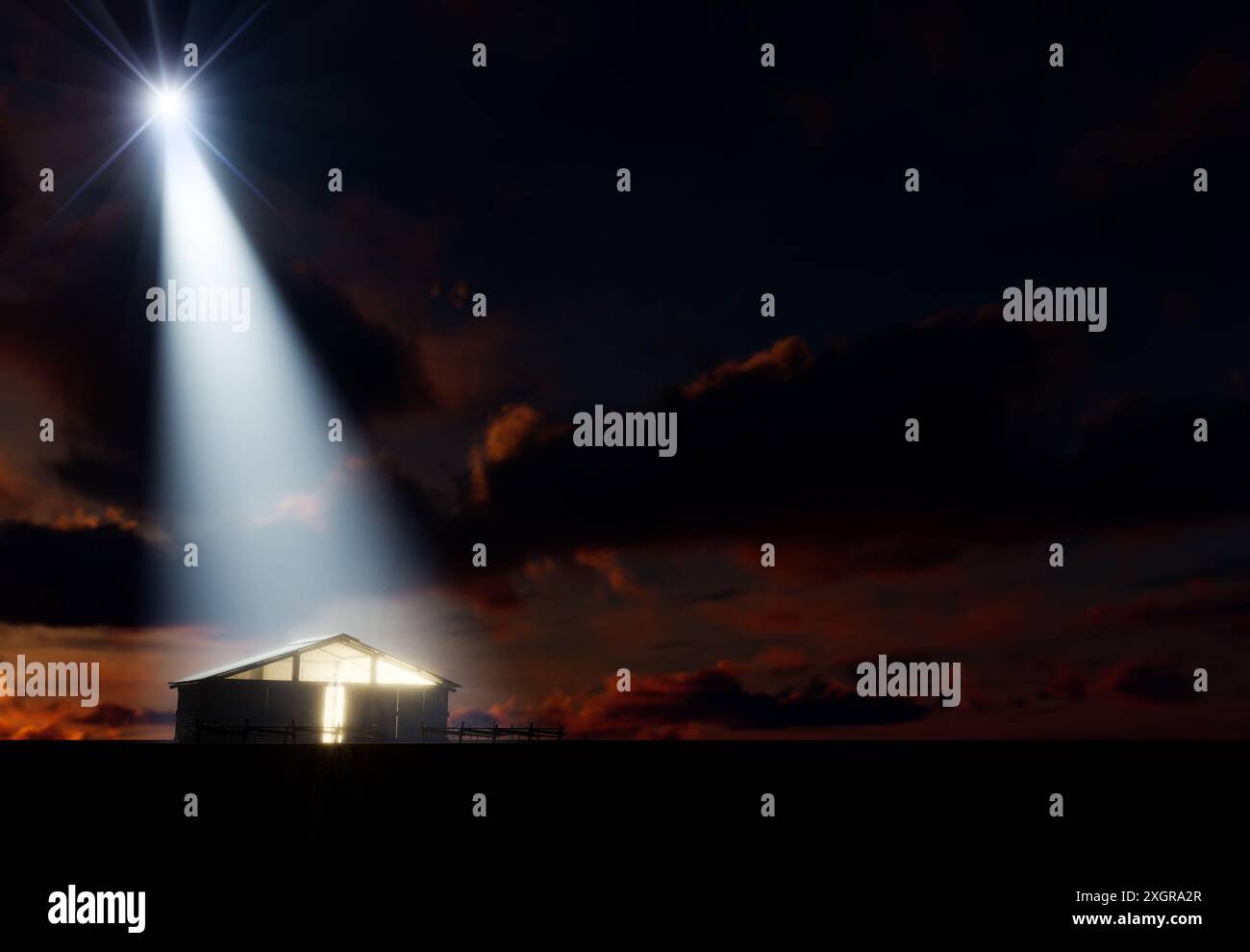 Eine Darstellung der Krippe Christi Geburt in Bethlehem mit dem isolierten Stall durch einen hellen Stern - 3D-Render lit Stockfoto