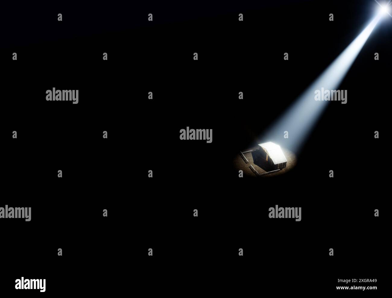 Eine Darstellung der Krippe Christi Geburt in Bethlehem mit dem isolierten Stall durch einen hellen Stern - 3D-Render lit Stockfoto