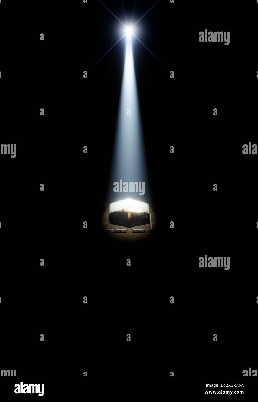 Eine Darstellung der Krippe Christi Geburt in Bethlehem mit dem isolierten Stall durch einen hellen Stern - 3D-Render lit Stockfoto