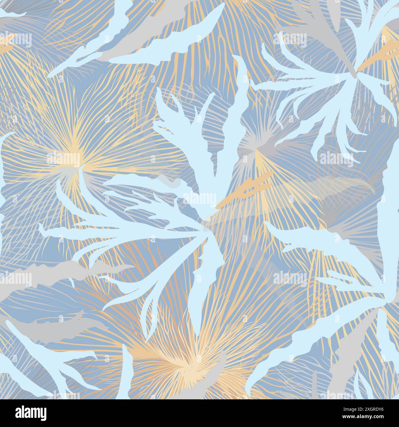 Blühende Textur mit Linien, die Schnee, Blätter und Blätter zeichnen. Abstraktes, nahtloses Blumenmuster mit Schneeflocken, Linien und Blütenblättern. Dekorative Kunst Stock Vektor