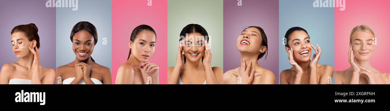 Verschiedene Gruppe von Frauen, die Gesichter in Studio berühren Stockfoto