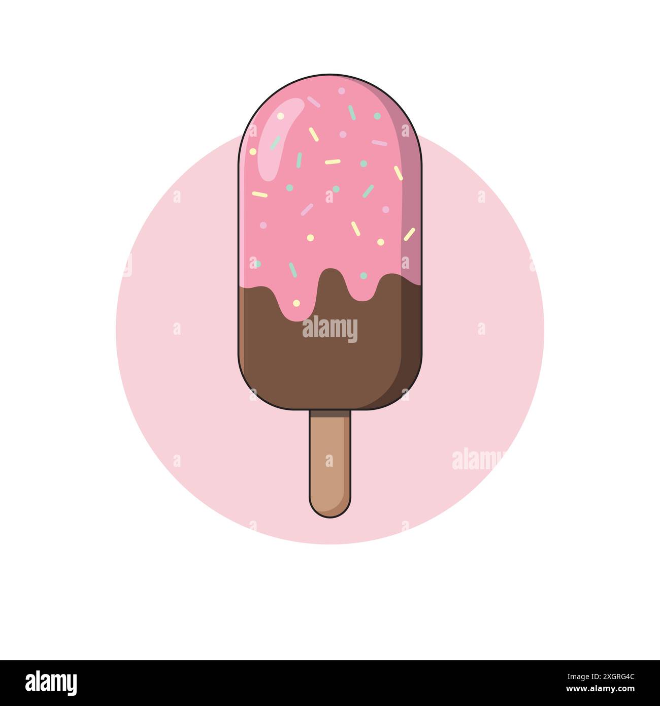 Schokoladeneis mit Erdbeerüberzug und Sprinkles Vektor-Illustration. Schokoladeneis. Eiscreme-Sticks. Köstliches Sommerdessert. Stock Vektor