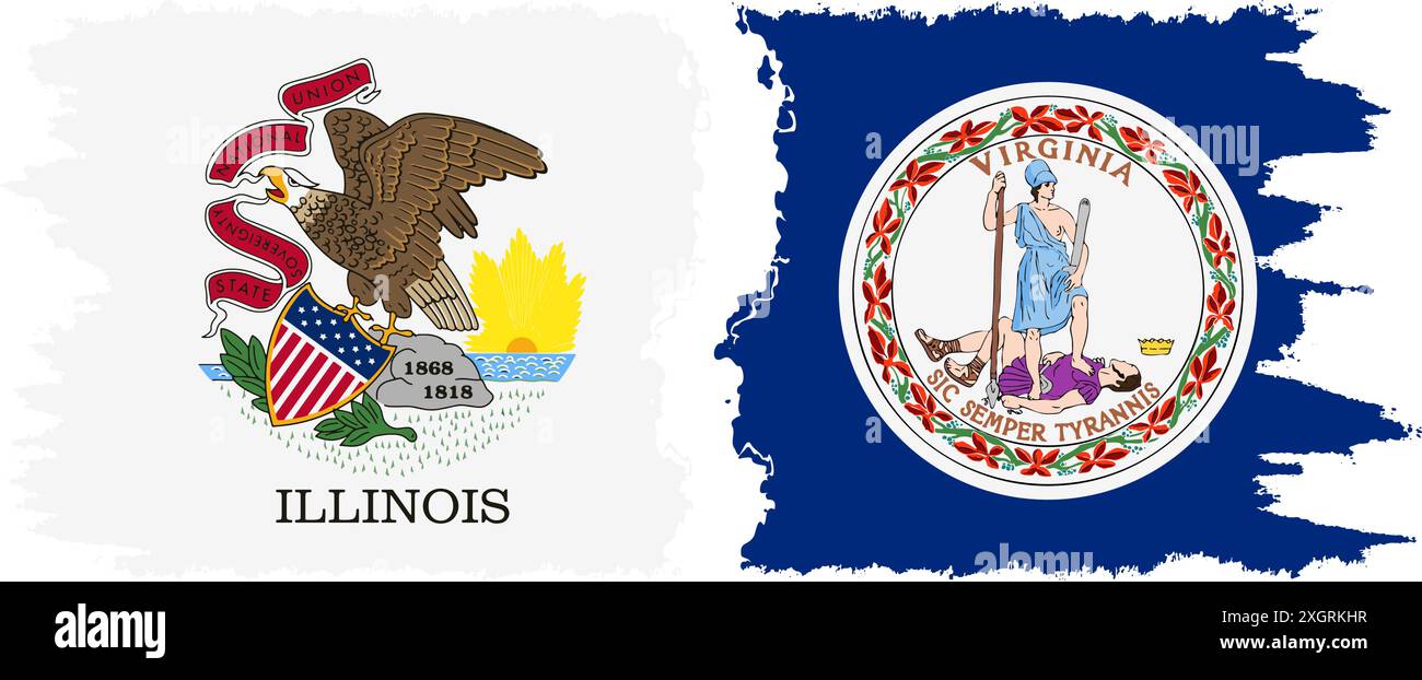 Virginia und Illinois state Grunge Pinsel Flags Verbindung, Vektor Stock Vektor
