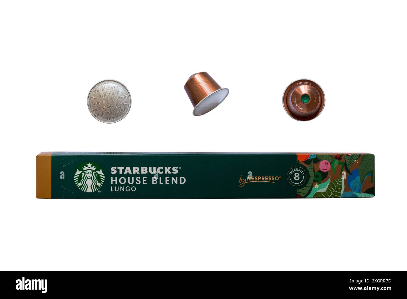 Schachtel Starbucks House Blend Lungo Kaffeekapseln mit Nespresso, aus der drei Kapseln entfernt wurden, isoliert auf weißem Hintergrund Stockfoto