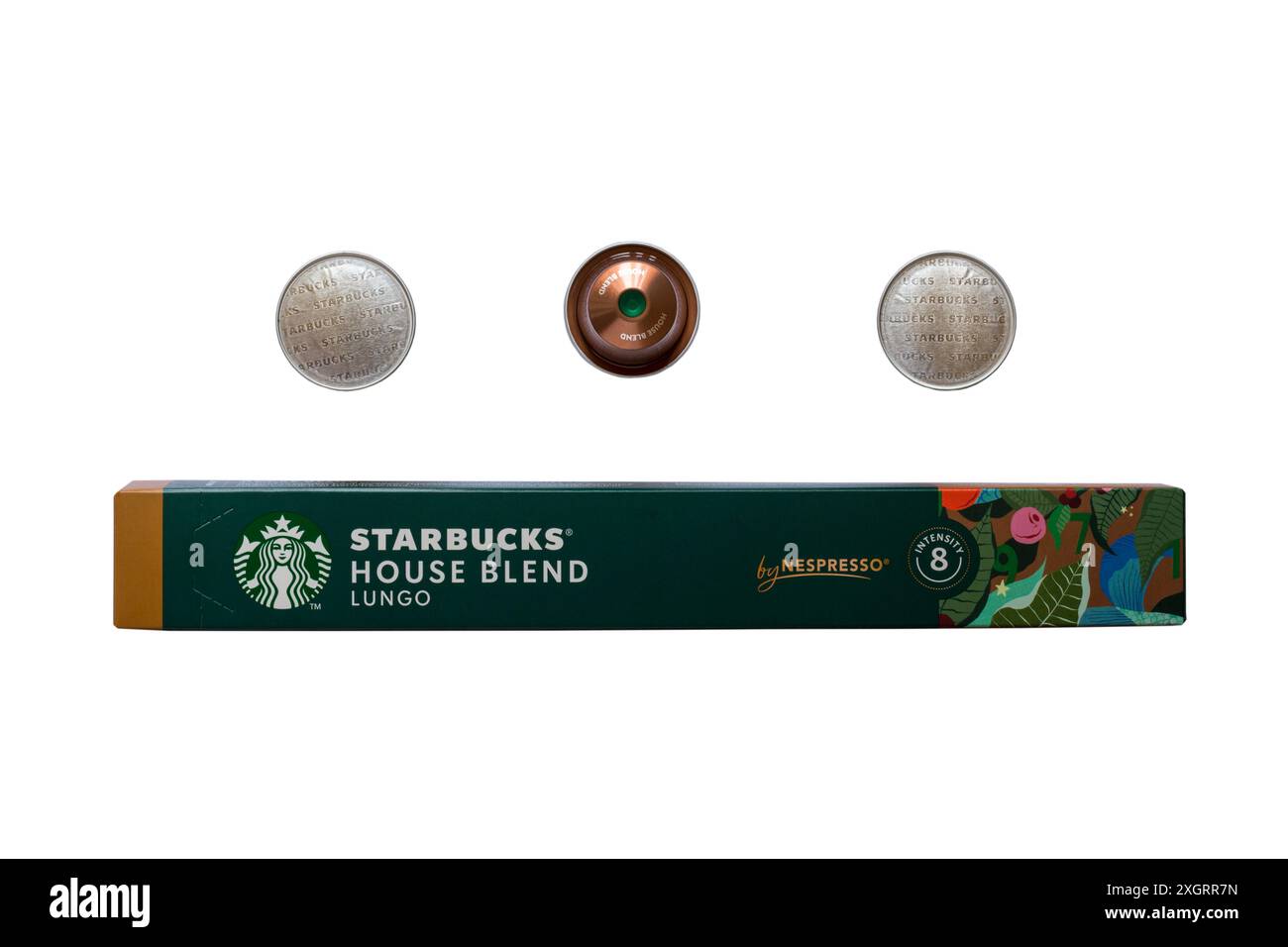 Schachtel Starbucks House Blend Lungo Kaffeekapseln mit Nespresso, aus der drei Kapseln entfernt wurden, isoliert auf weißem Hintergrund Stockfoto