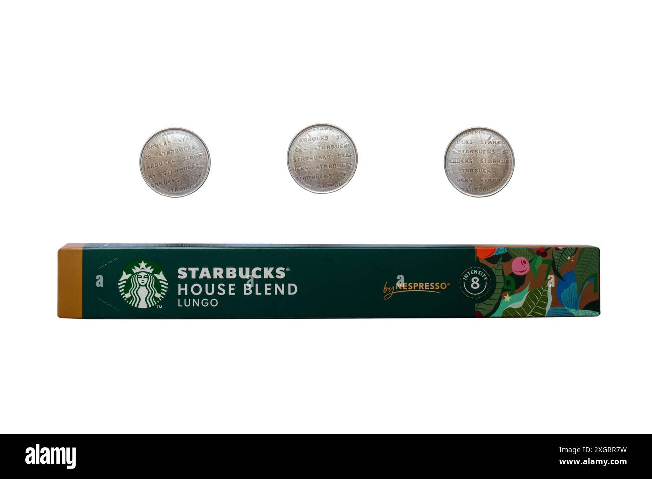 Schachtel Starbucks House Blend Lungo Kaffeekapseln mit Nespresso, aus der drei Kapseln entfernt wurden, isoliert auf weißem Hintergrund Stockfoto