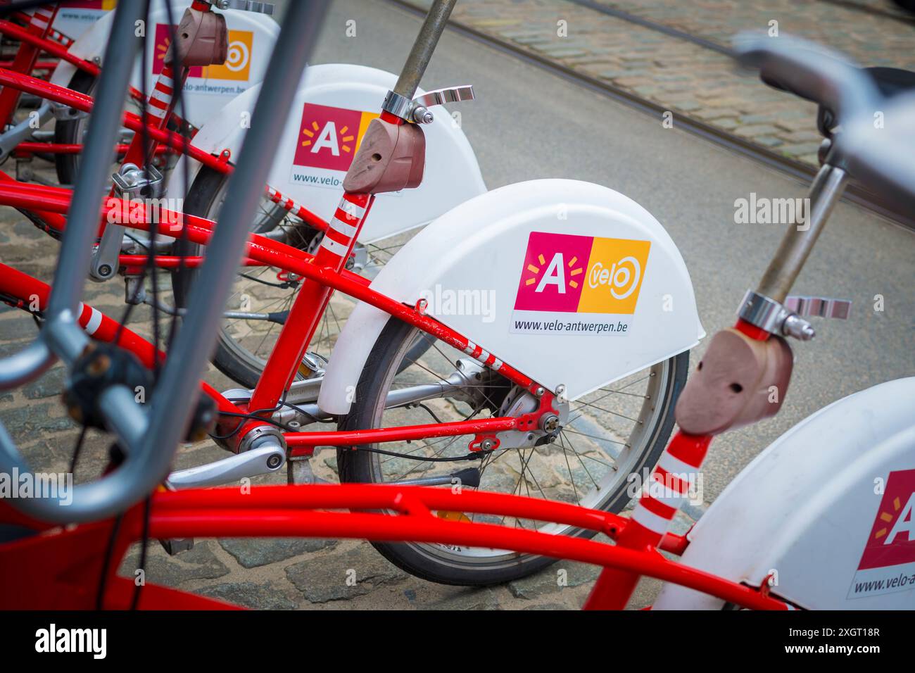 Antwerpen, Belgien, 7. Juli 2024: Blick auf Antwerpen Velo Shared City Bikes Stockfoto