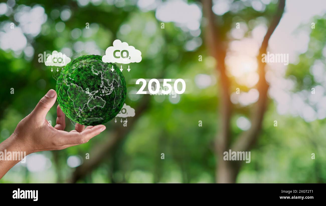 Hand des Menschen hält Erde mit 2050 Text, CO2-neutral und Netto-Null-Konzept für Ziel der Netto-Null-Treibhausgasemissionen, klimaneutral lang ter Stockfoto