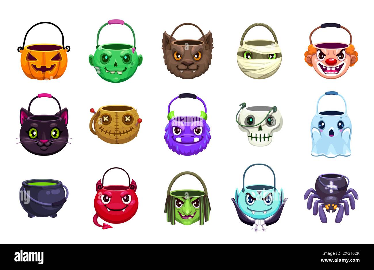 Halloween Süßigkeiten Eimer, Taschen und Körbe für Trick or Treat Süßigkeiten isolierte Vektor-Set. Zombie, Vampir, Kürbis, Geist, Teufel, Topf und schwarze Katze mit Schädel- oder Hexen-, Mumien-, Clown- oder Werwolf-Gesichtern Stock Vektor