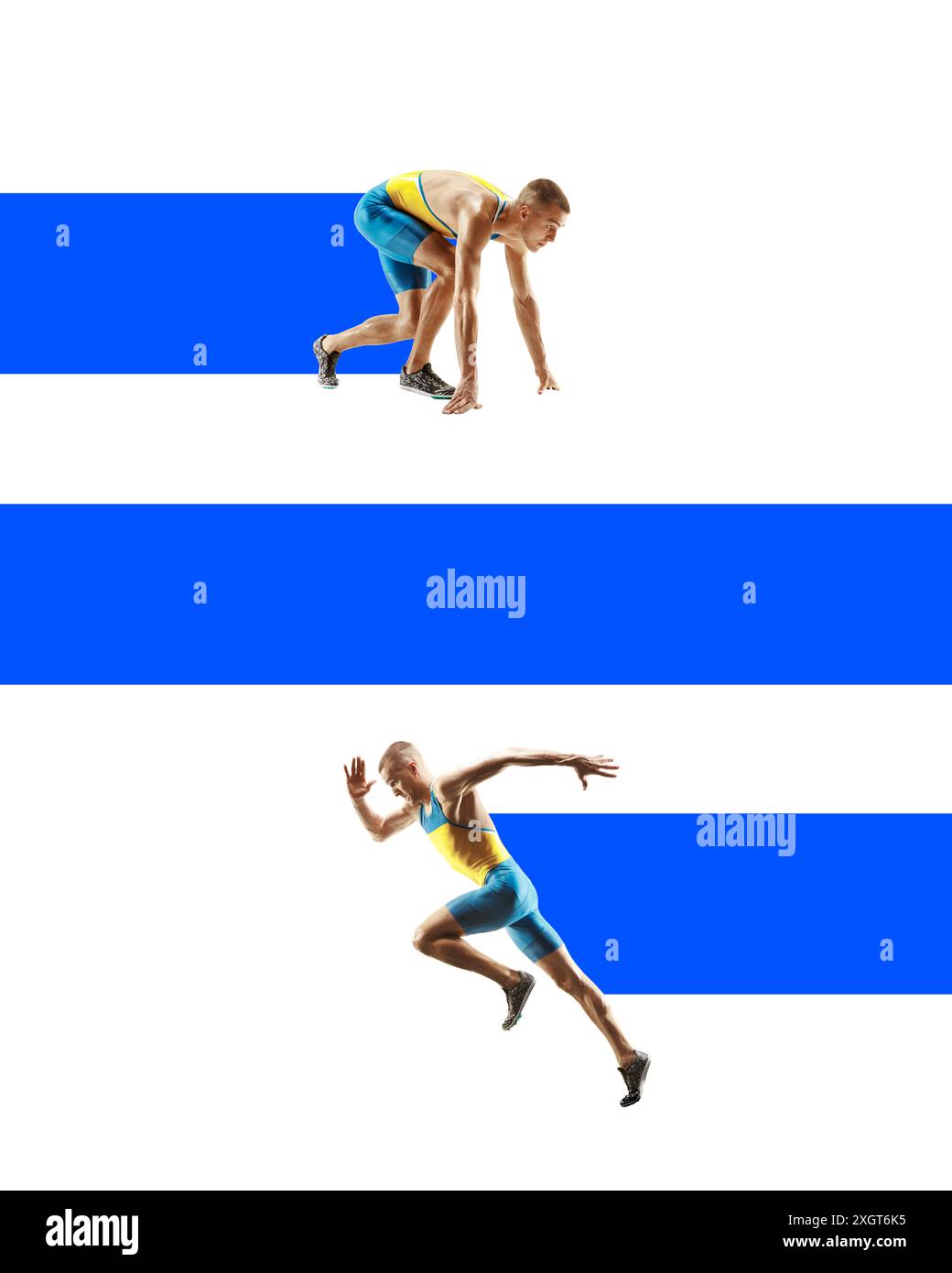 Muskulöser und sportlicher junger Mann, Läufer in Bewegung, Training vor weißem Hintergrund mit abstraktem farbenfrohem Element. Minimalistisches Design. Stockfoto