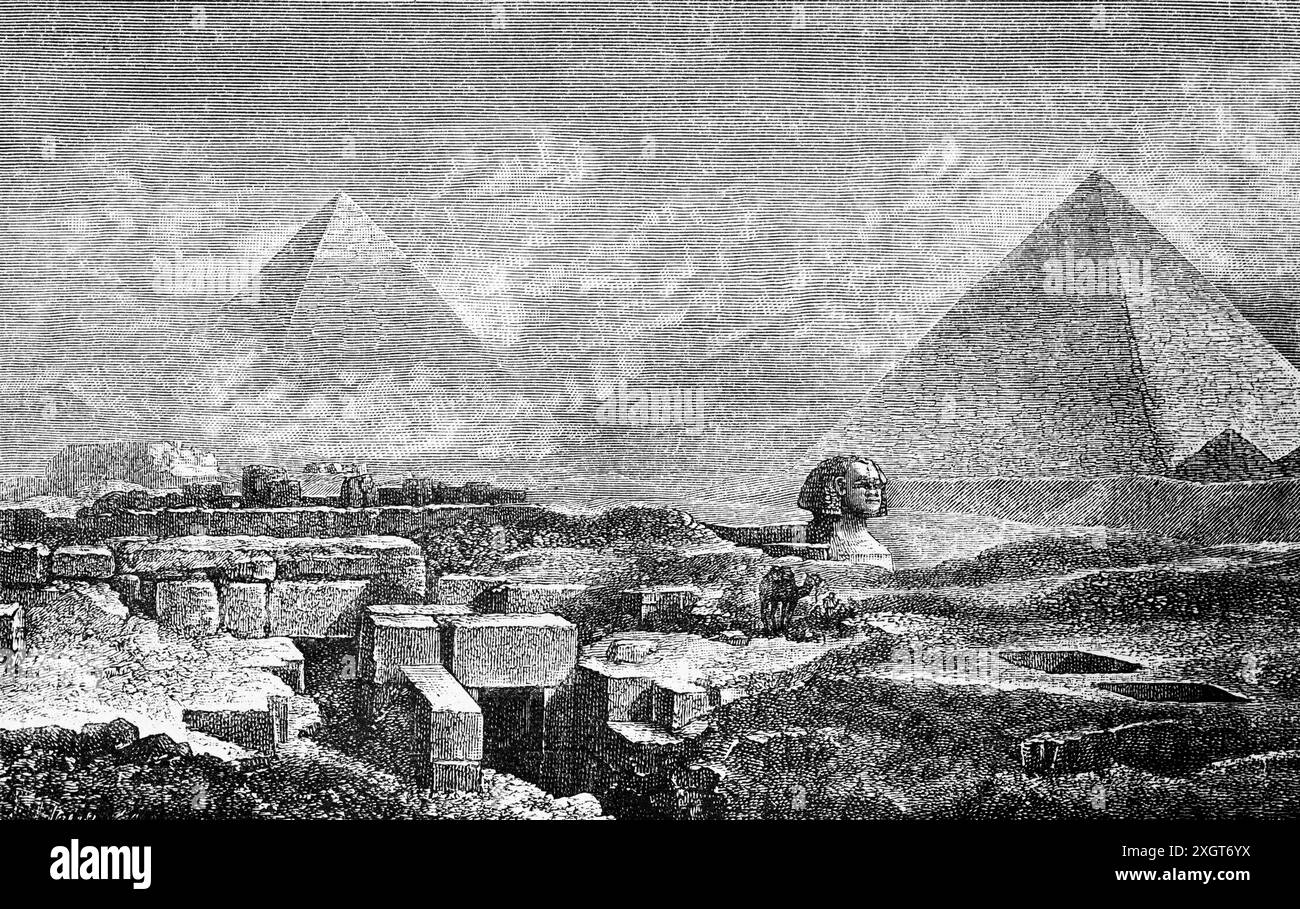 Der Pyramidenkomplex von Gizeh und die große Sphinx von Gizeh, Stadt Gizeh, Großraum Kairo, Ägypten, historische Illustration 1886 Stockfoto