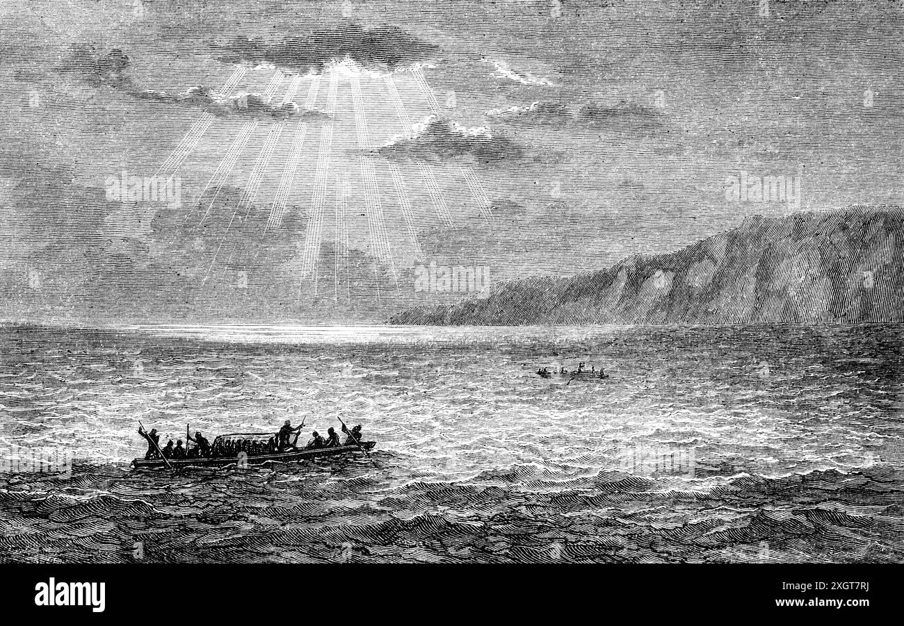 Offenes Boot auf dem Albert-See oder dem Mwitanzigen-See, Uganda und der Demokratischen Republik Kongo, Zentralafrika, historische Abbildung 1886 Stockfoto