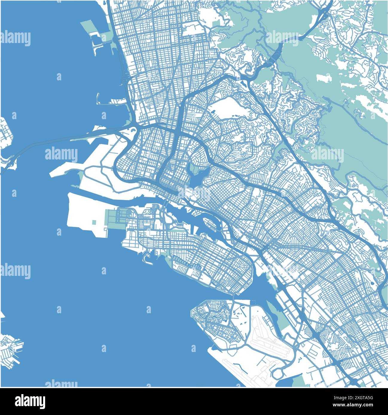 Karte von Oakland in Kalifornien in Blau. Enthält mehrschichtigen Vektor mit Straßen, Wasser, Parks usw. Stock Vektor