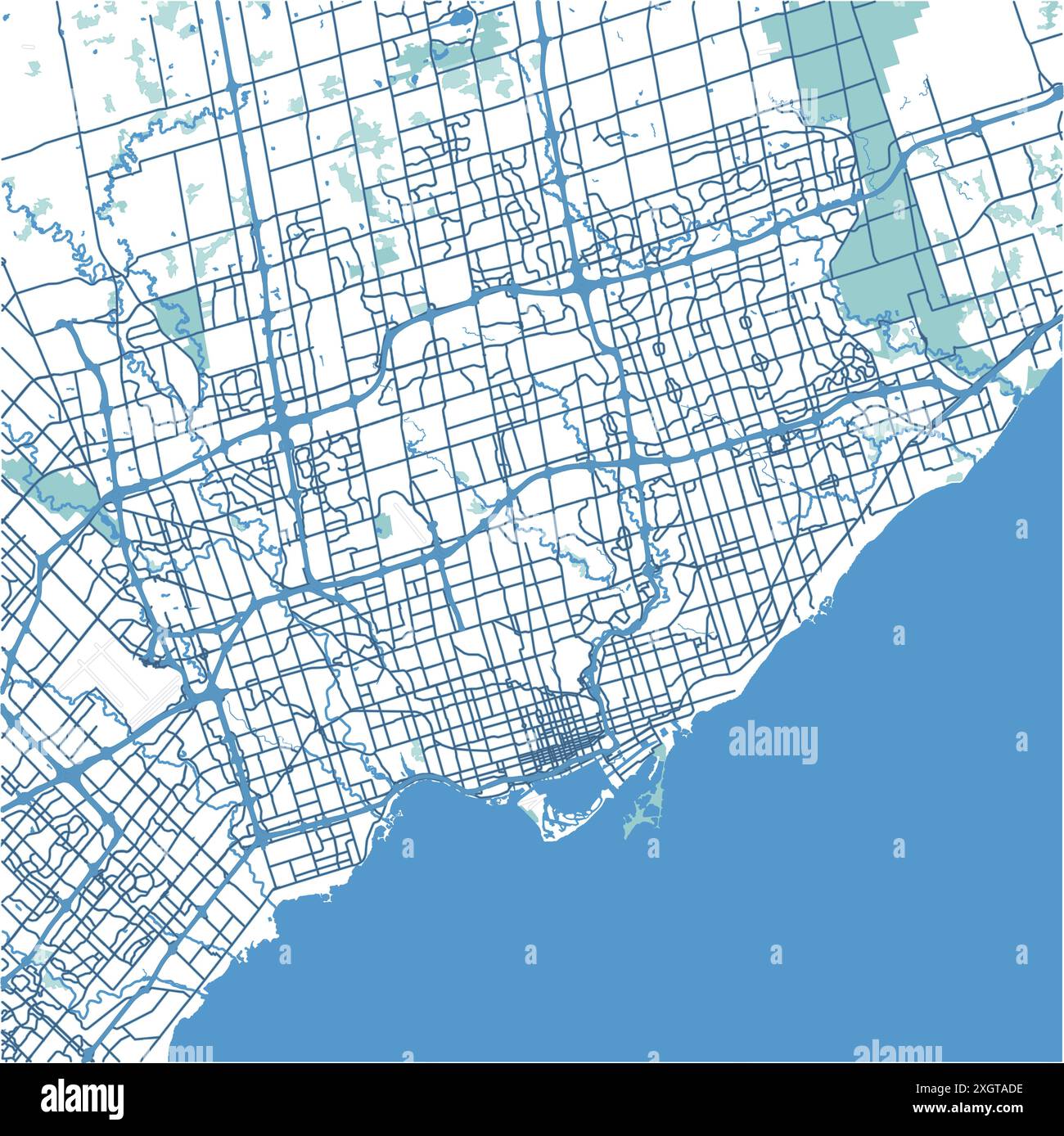 Karte von Toronto in Kanada in blau. Enthält mehrschichtigen Vektor mit Straßen, Wasser, Parks usw. Stock Vektor