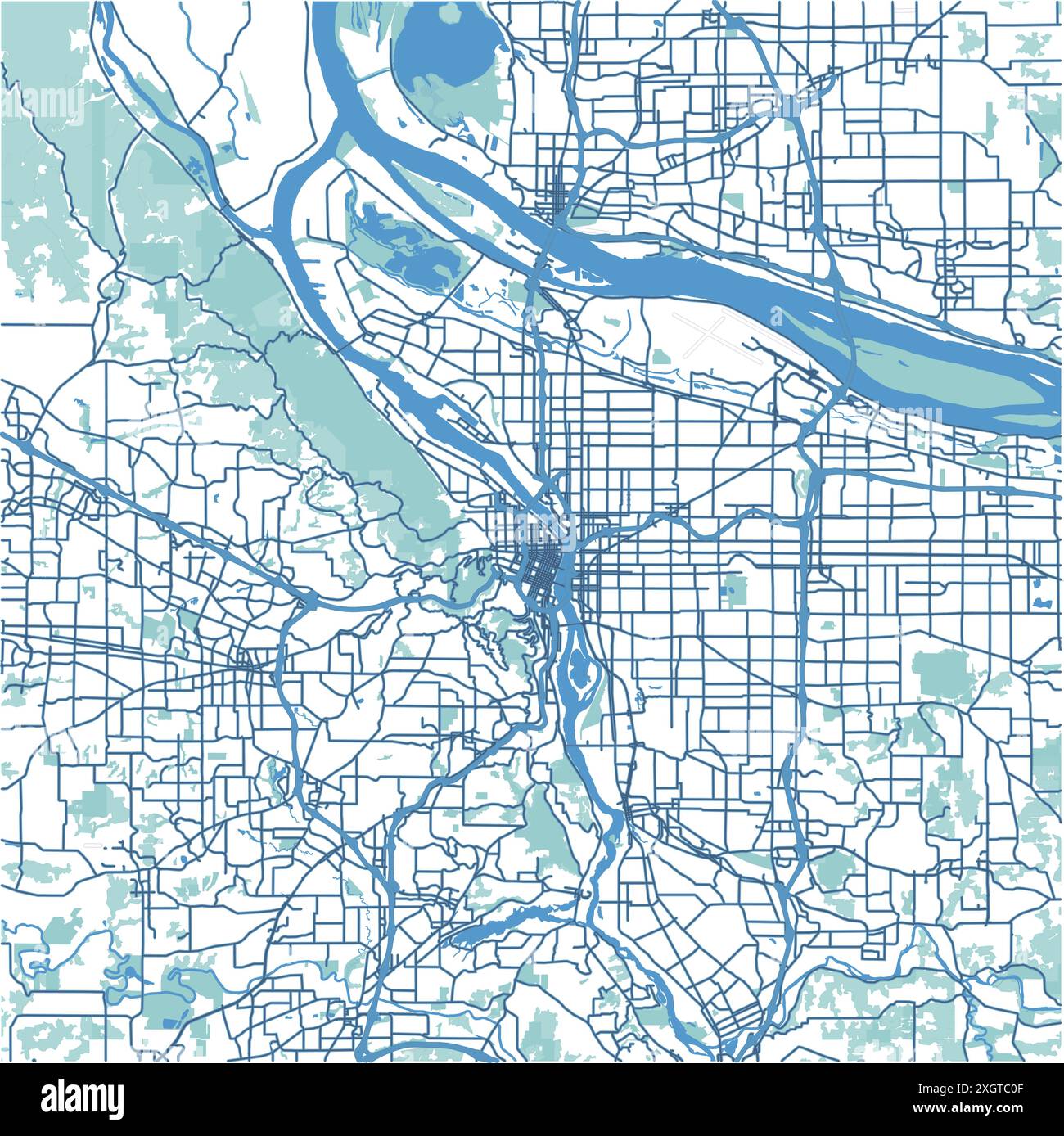 Karte von Portland in Oregon in Blau. Enthält mehrschichtigen Vektor mit Straßen, Wasser, Parks usw. Stock Vektor