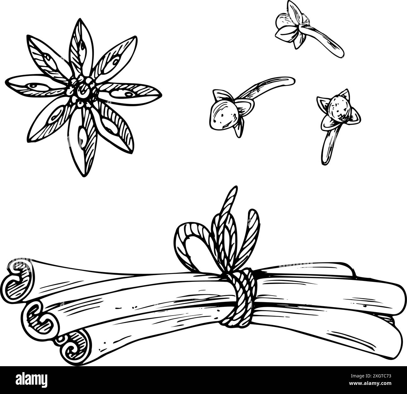 Mit Zimt gebundene Seile, Kardamom, Nelken, Gewürze für den Winter, Neujahrsgetränke und -Speisen. Strichgrafik ist eine einfache handgezeichnete Illustration in Schwarz-weiß Stock Vektor