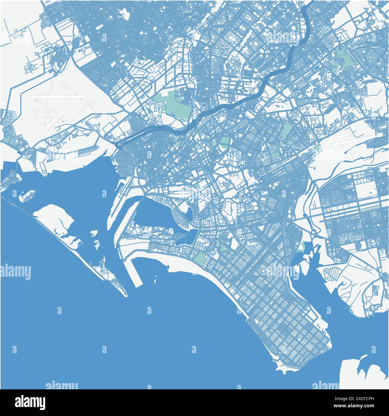 Karte von Karachi in Pakistan in Blau. Enthält mehrschichtigen Vektor mit Straßen, Wasser, Parks usw. Stock Vektor