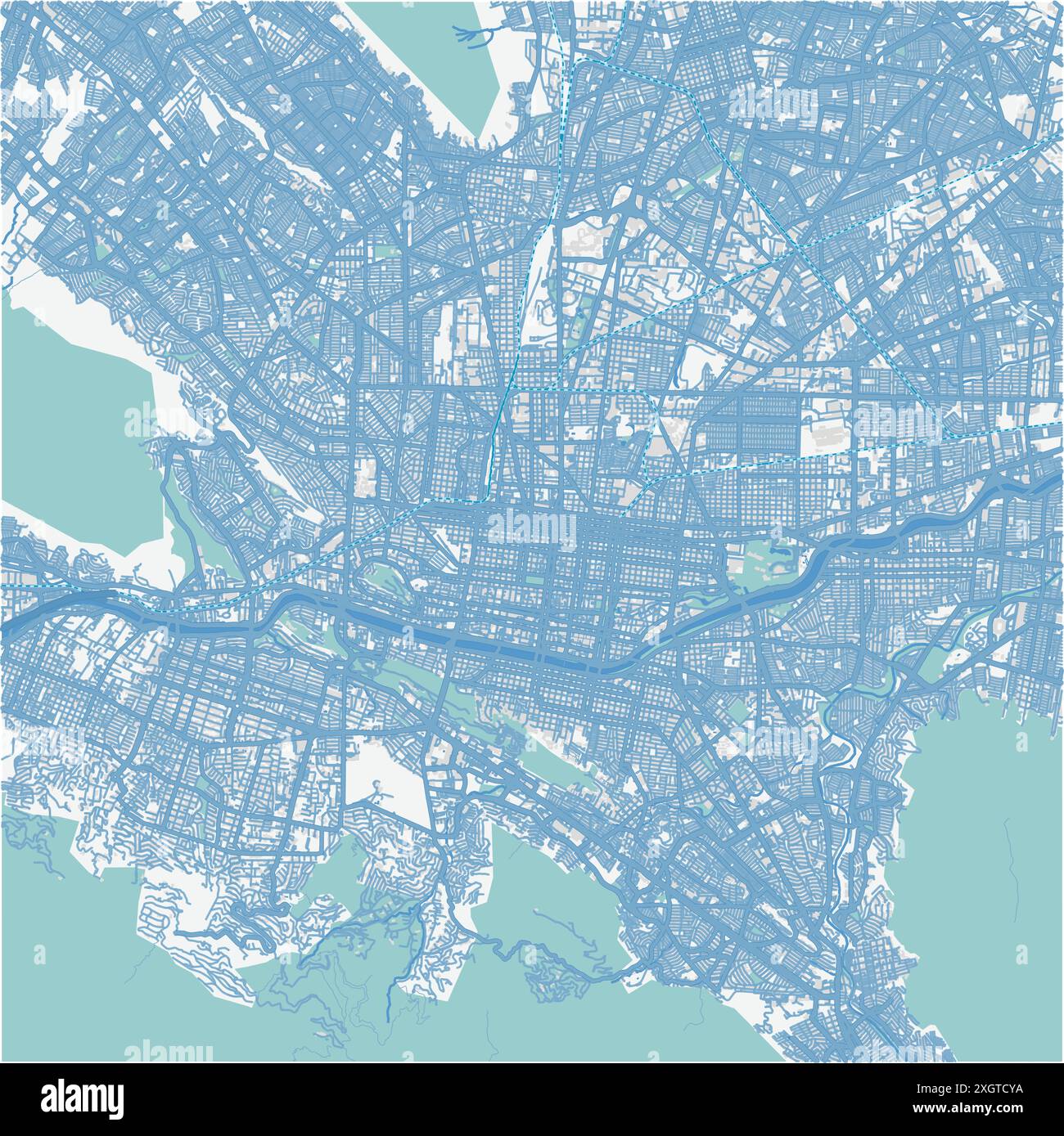 Karte von Monterrey in Mexiko in Blau. Enthält mehrschichtigen Vektor mit Straßen, Wasser, Parks usw. Stock Vektor