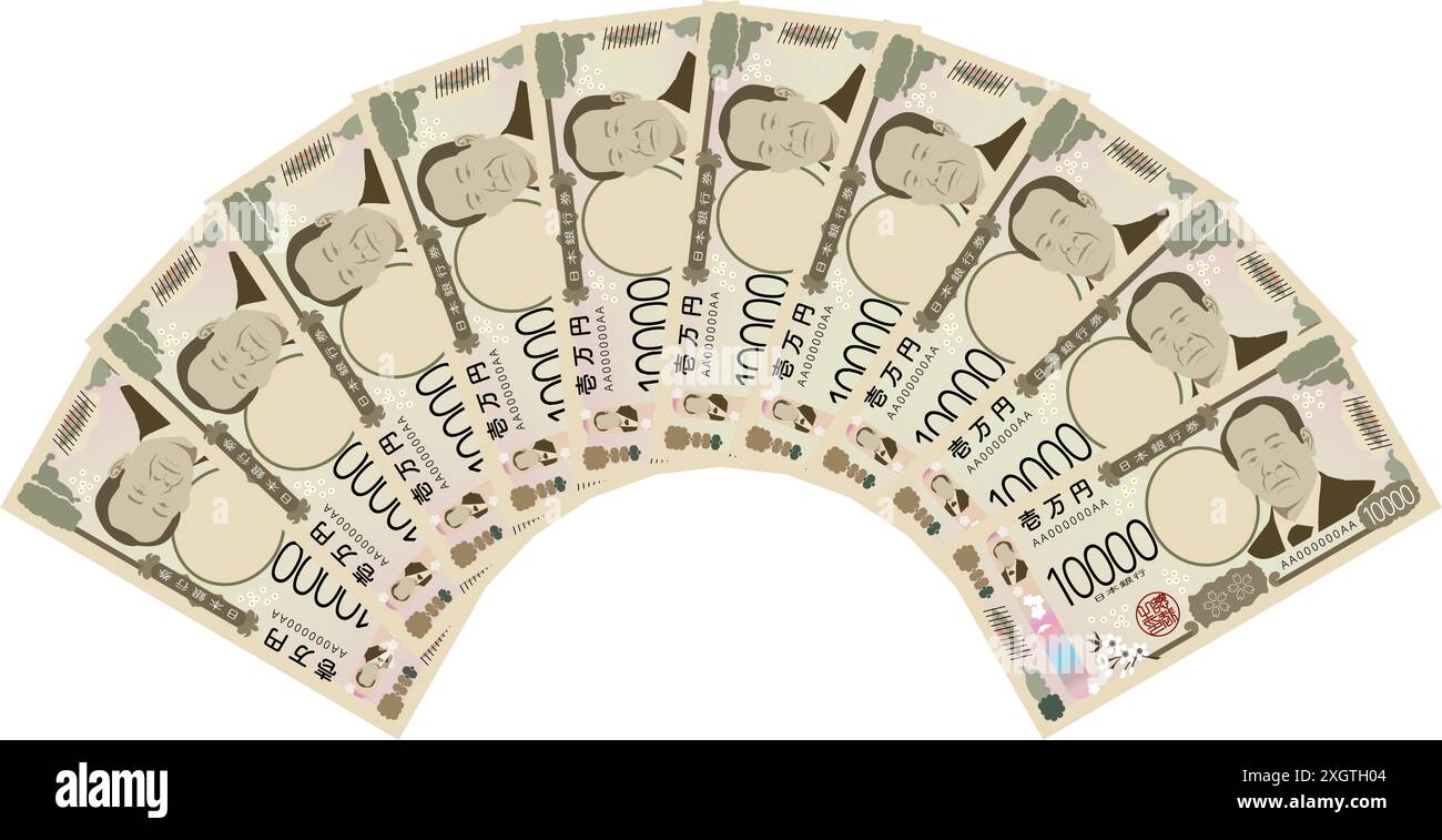 Neue 10.000-Yen-Scheine für 100.000 Yen, verteilt in Fächerform - Übersetzung: Bank of Japan Yen, 10.000 Yen Stock Vektor