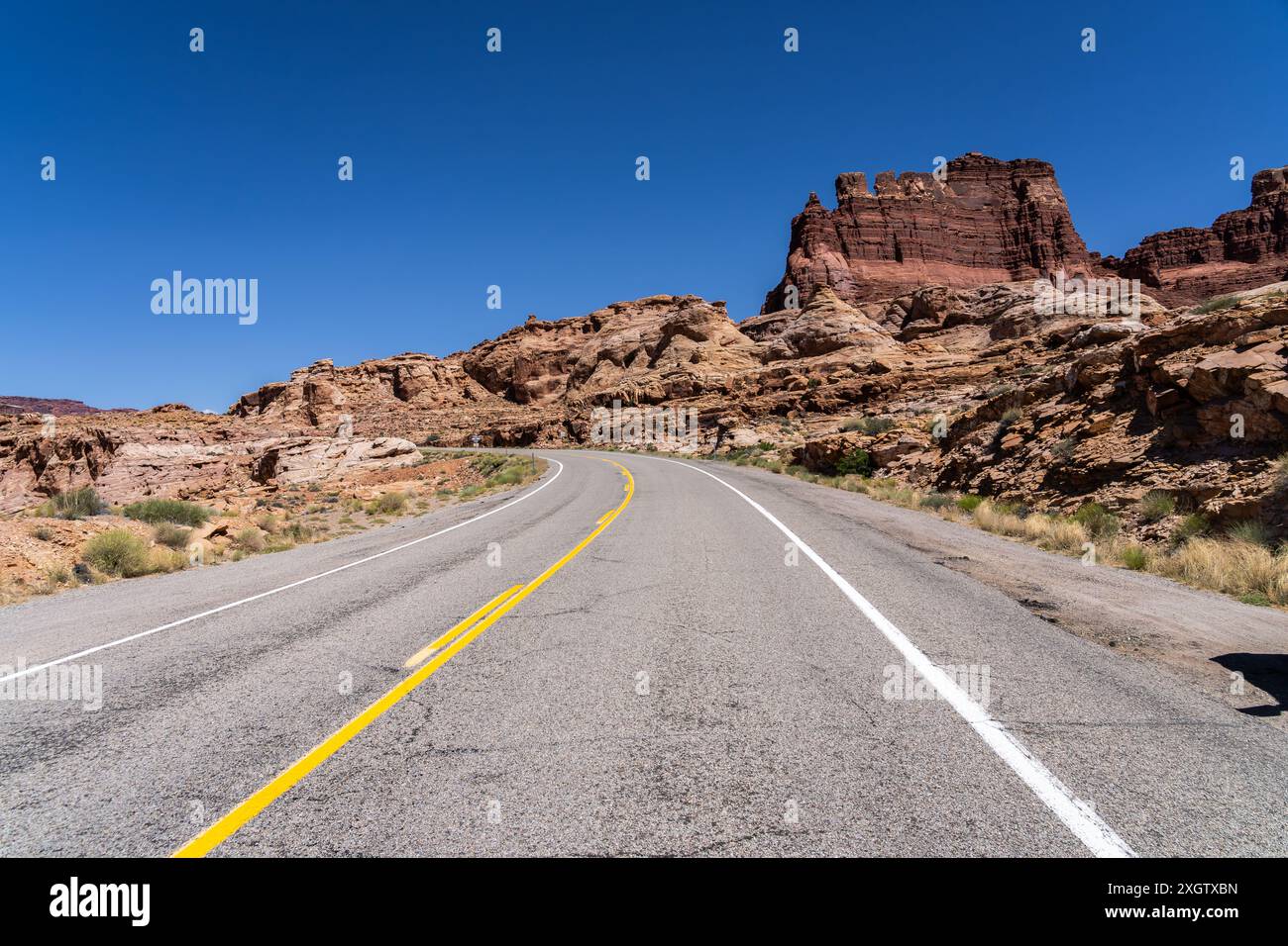 Gepflasterte Straße mit gelben Streifen, die sich durch die zerklüftete Landschaft des White Canyon unter dem blauen Himmel in der Glen Canyon National Recreation Area schlängelt. Stockfoto