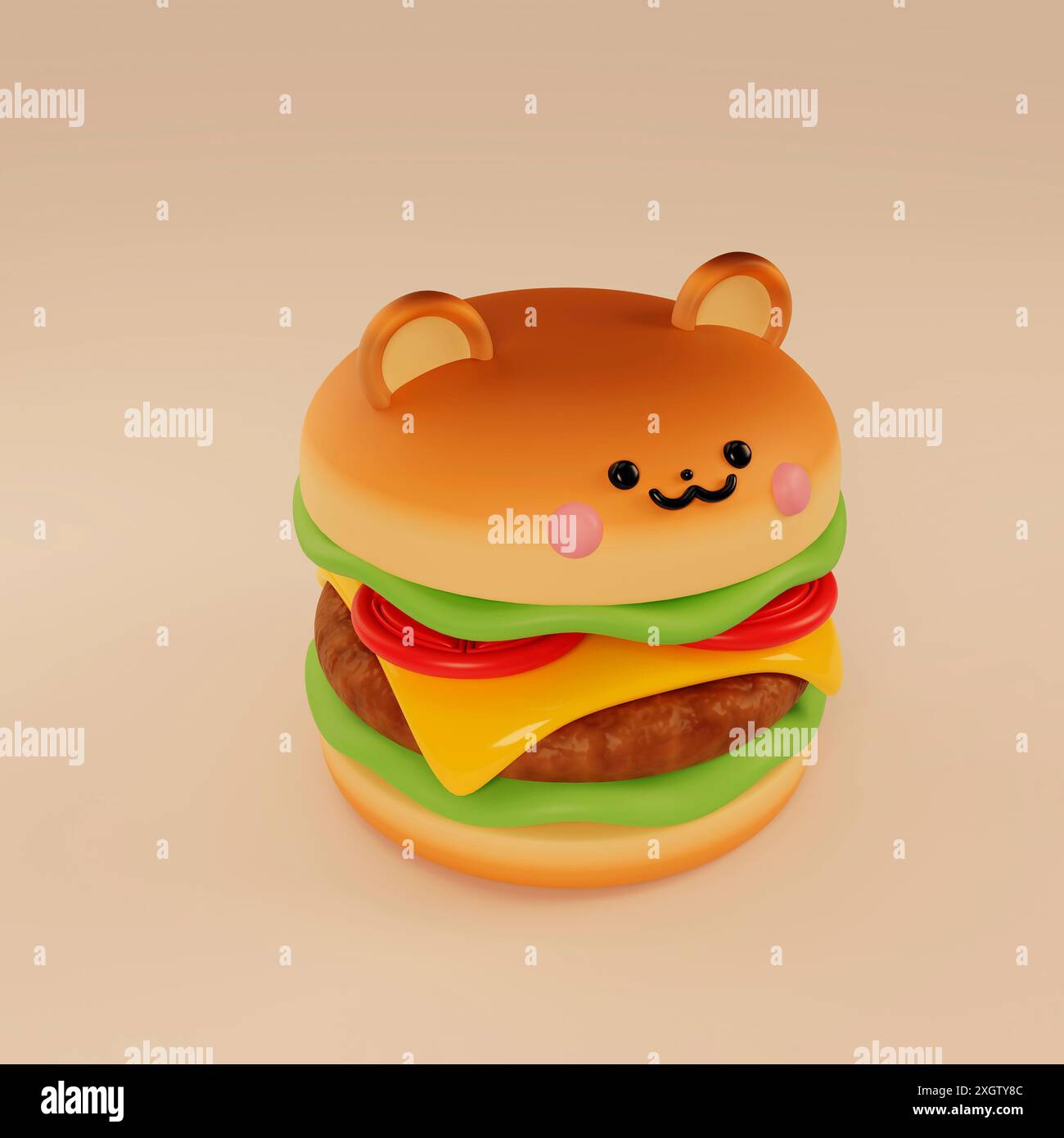 Diese Illustration zeigt einen bezaubernden Hamburger mit bärenartigen Ohren und Gesicht, was sie perfekt für Kinderbuchillustrationen oder einzigartige M macht Stockfoto