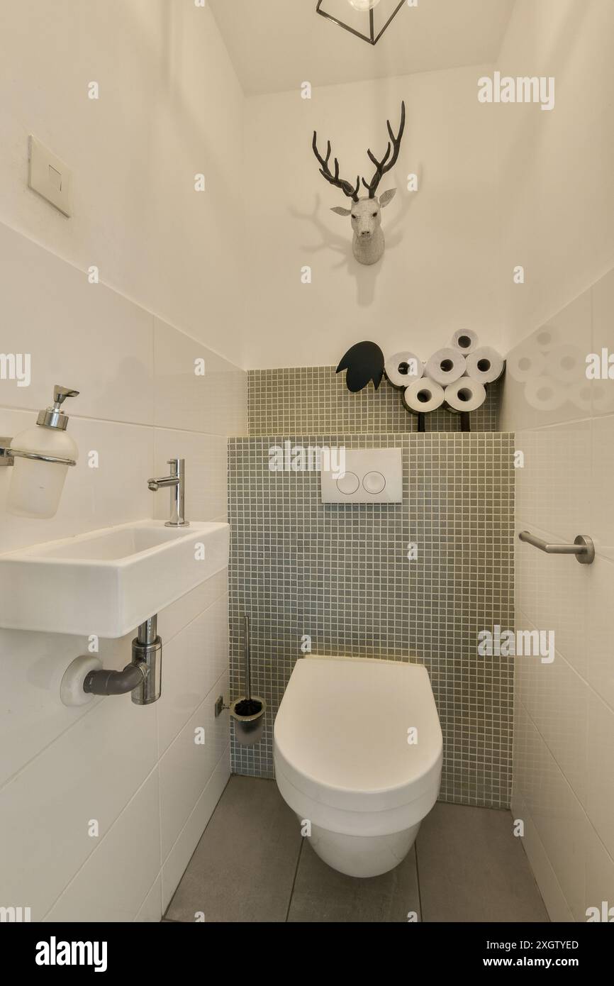 Ein modernes Badezimmer mit minimalistischer Ästhetik, grauen Mosaikfliesen, einem aufgesetzten Hirschkopf und einem Stapel Toilettenpapierrollen. Stockfoto