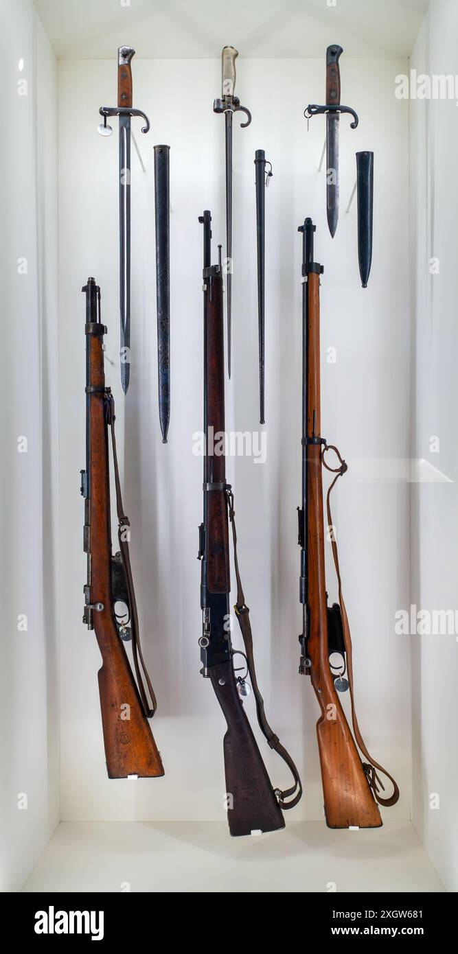 Belgisches Mauser Modell 1889, Standard- und Kurzversion Karabiner und Lebel Fusil Modèle 1886/M93, französisches Gewehr mit Bajonetten Stockfoto