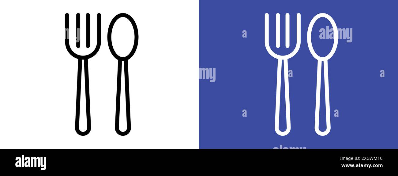 Löffel und Gabel Symbol Logo Vektorumrandung in Schwarz-weiß Stock Vektor