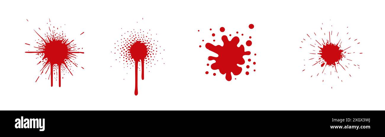 Blutroter Fleck im Spritzwasser-Design. Blutfleck Tropfen rote Spritzer Farbe Vektor-Blob Symbol. Stock Vektor