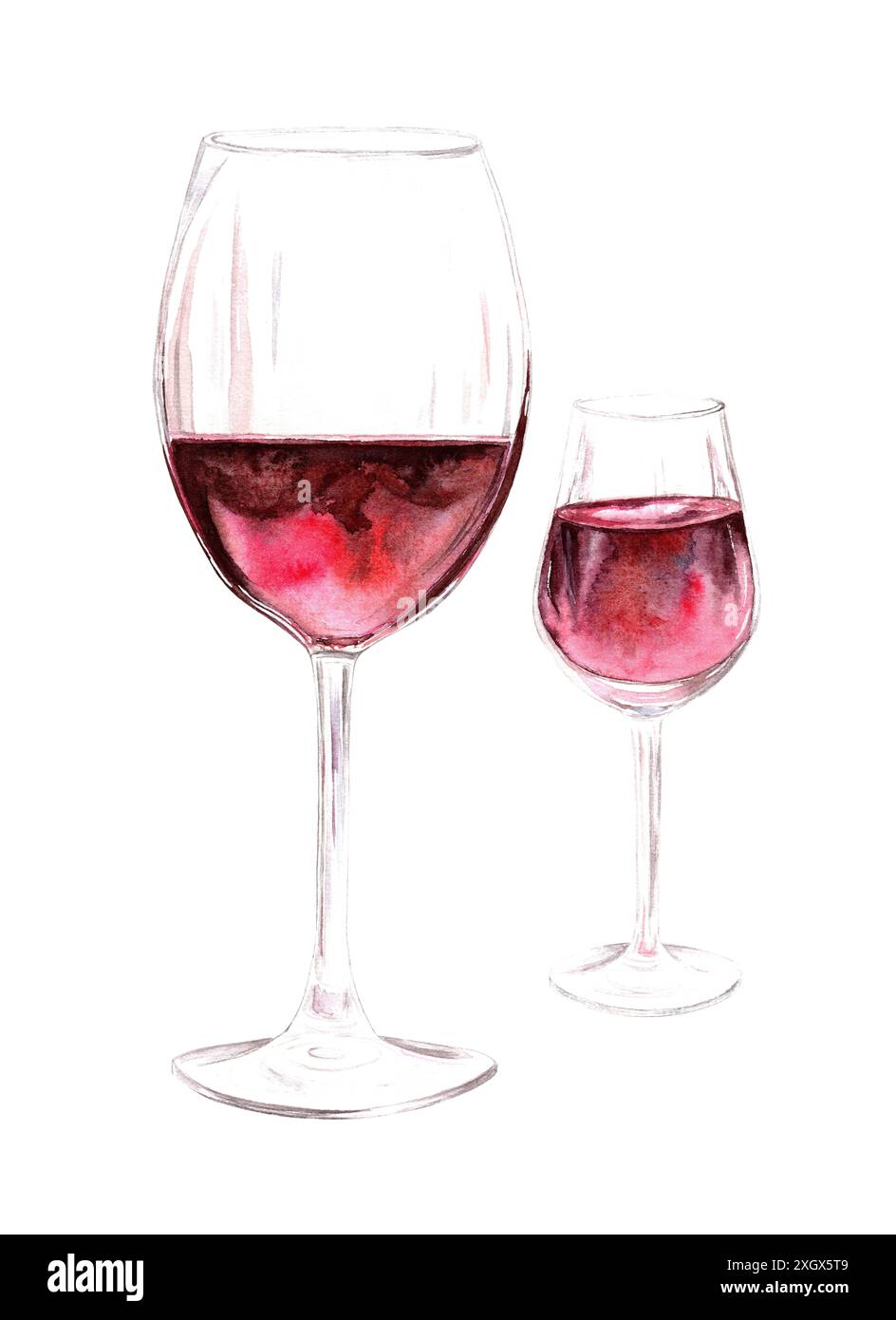 Weingläser. Aquarellabbildung in Pastellfarben auf weißem Hintergrund. Die Zeichnung ist handgezeichnet. Geeignet für Karten, Einladungen und Textilien, s Stockfoto