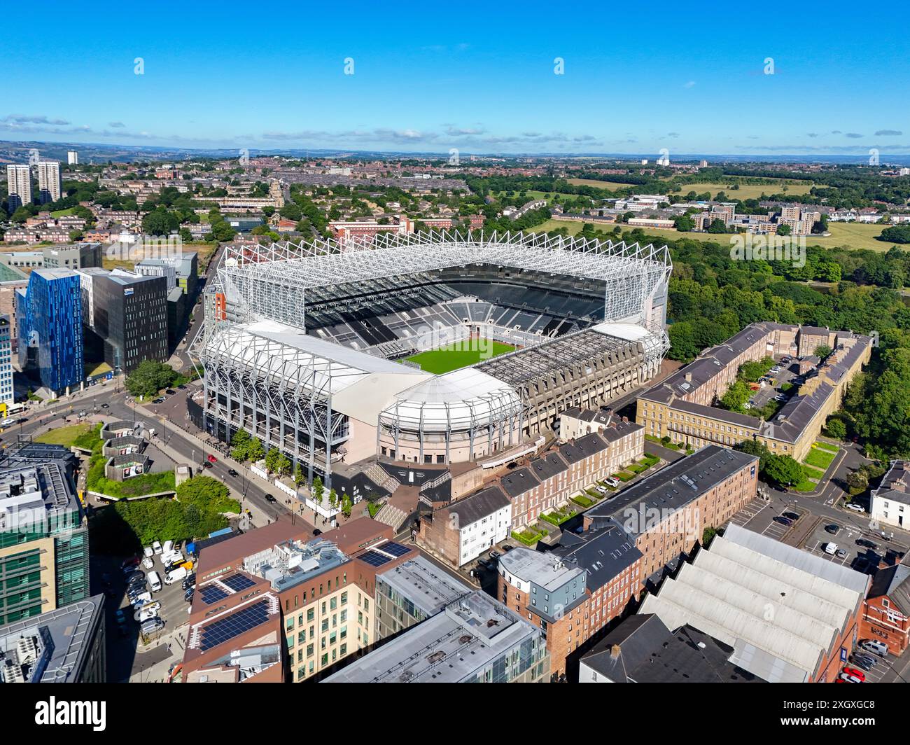 Lovely Summers Morning Luftbild vom St James's Park Stadium, dem Heimstadion des Newcastle United Football Club. Juli 2024. Stockfoto
