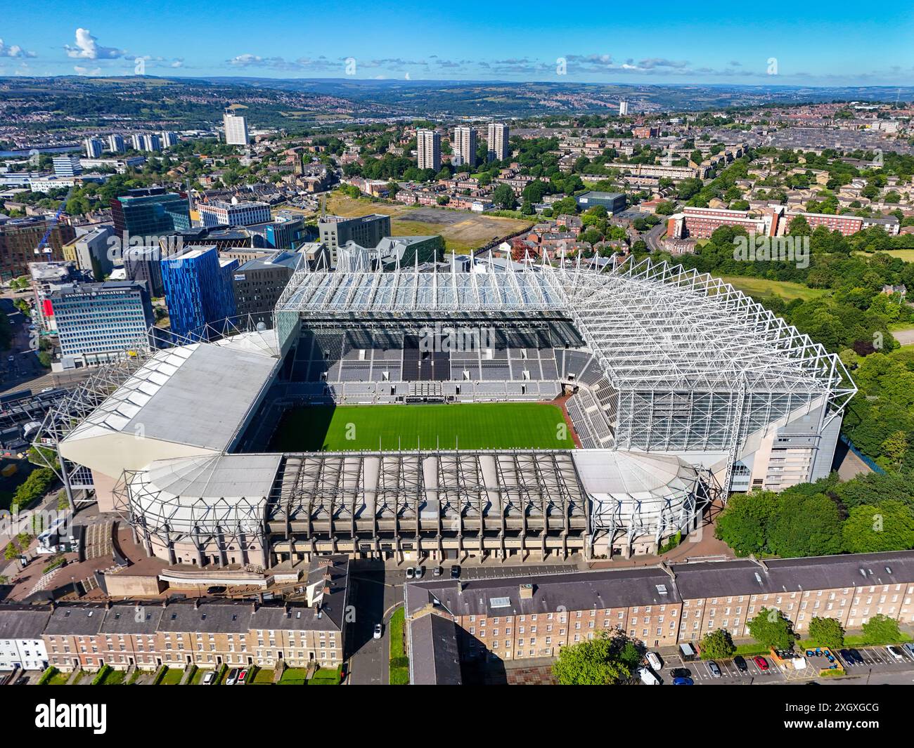 Lovely Summers Morning Luftbild vom St James's Park Stadium, dem Heimstadion des Newcastle United Football Club. Juli 2024. Stockfoto