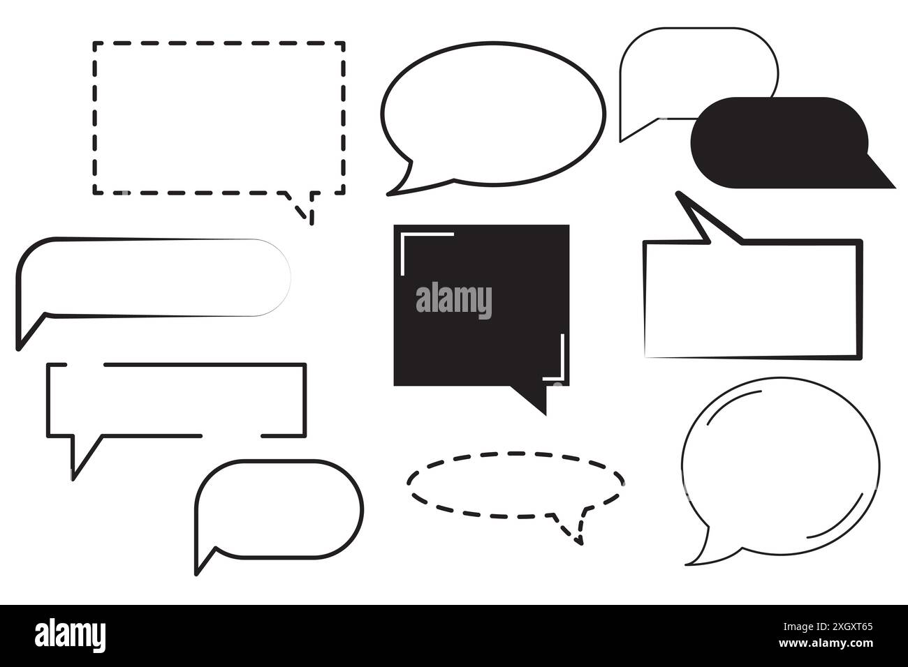Schwarzweiß-Symbole. Sprachblasenvektor. Verschiedene Formen Set. Kontur und Volumenkörper. Stock Vektor